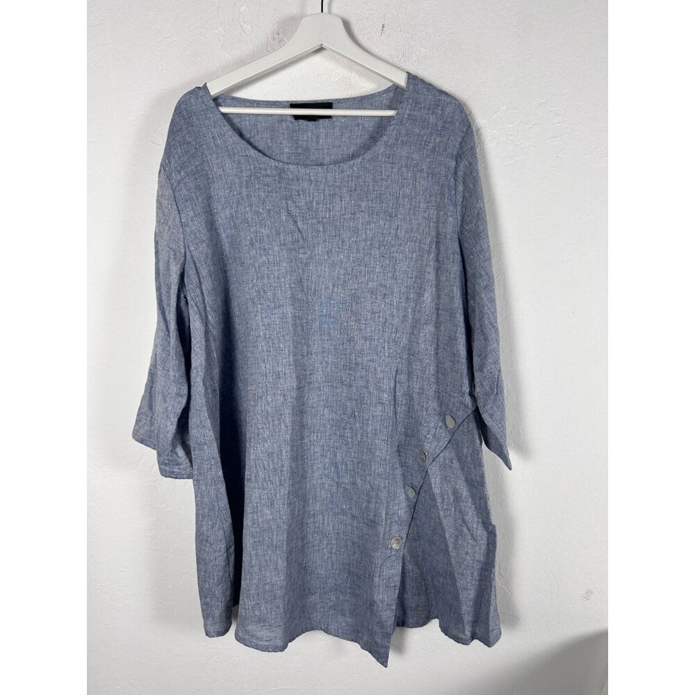 Jones New York Womens Blue Linen Blend Asymmetrical Button Detail Tunic Top 1X